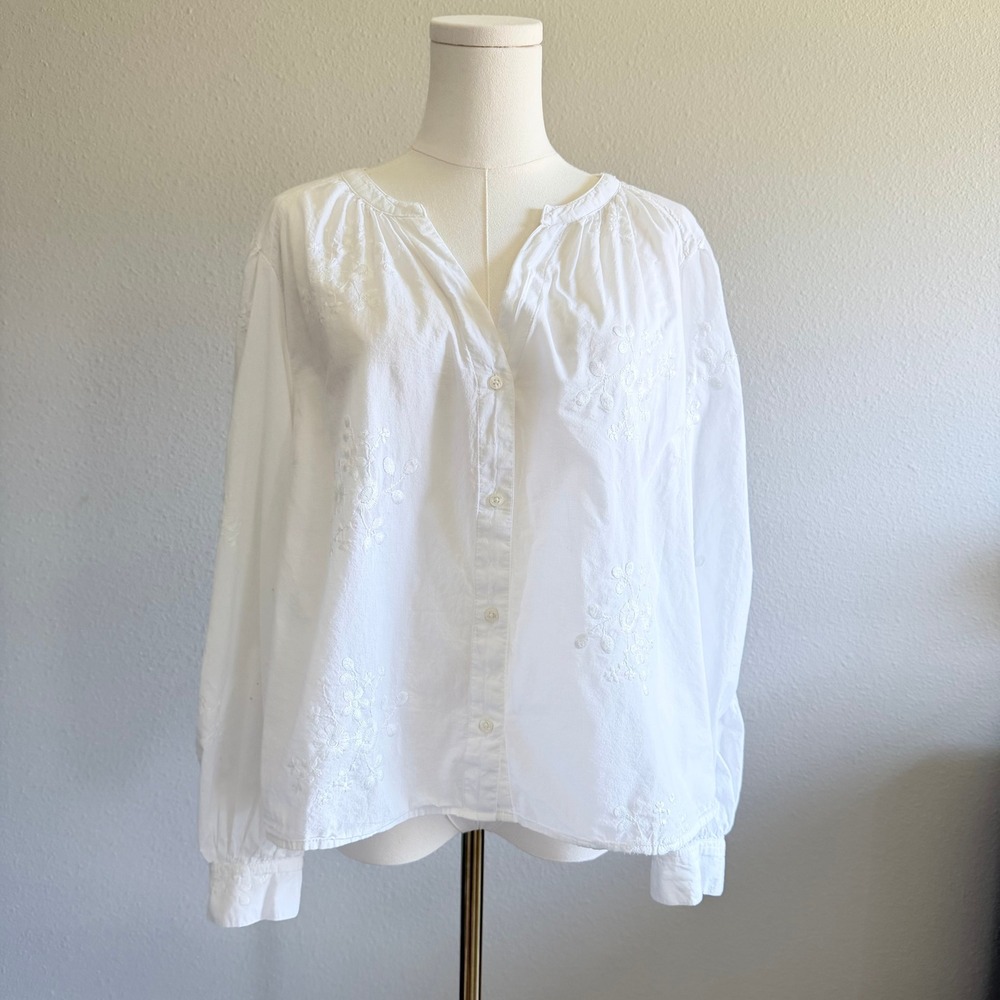 White Embroidered Button-Down Relaxed Summer Resort Blouse XL - Picture 2 of 9